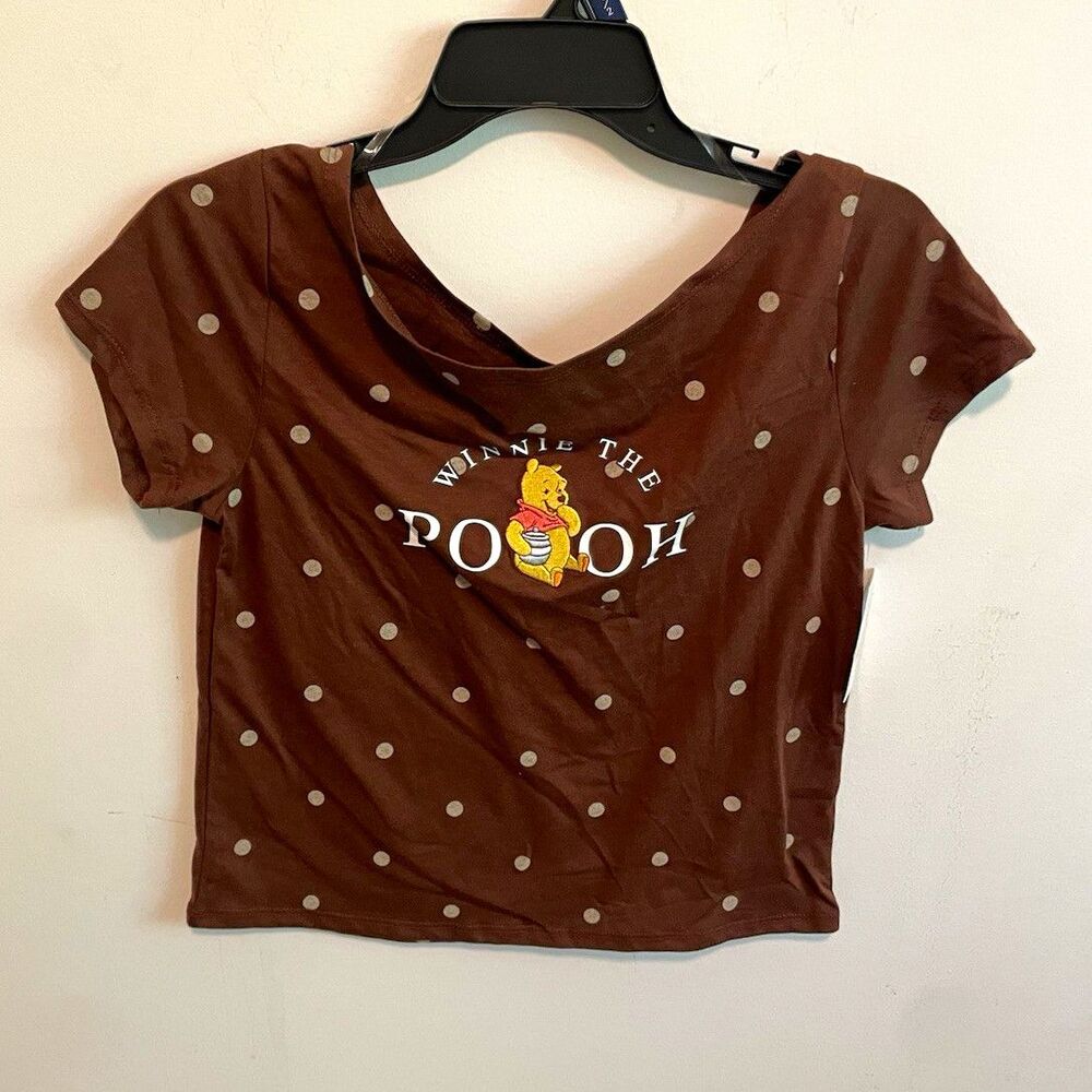 Disney Winnie the Pooh Brown & White Polka Dot Crop T-Shirt Womens XS (0-2)